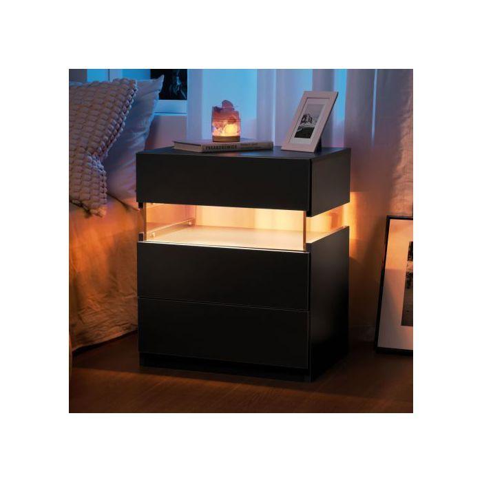 Table de nuit LED - MUVOE - Noir - 3 tiroirs - Panneau acrylique - Éclairage multicolore