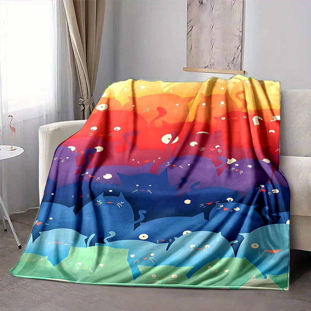 1pc Cat Rainbow Lightweight Flannel Blanket, Comfortable and Warm Blanket, for Office and Camping Sofa Bed, Livingroom129