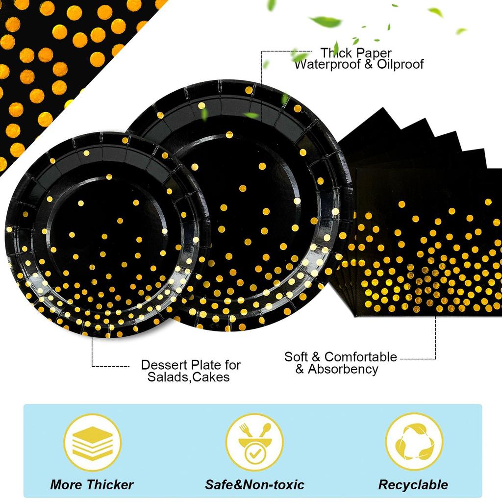 193pcs Black Gold Party Tableware, Black and Gold Dot Paper Party Tableware Set - Black and Gold Paper Plates and Cups Napkins Tablecloth etc