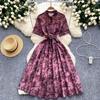Summer Women Brand Designer Vintage Print Runway Party Dress Short Sleeve Turn-down Collar Shirt Dresses with Belt