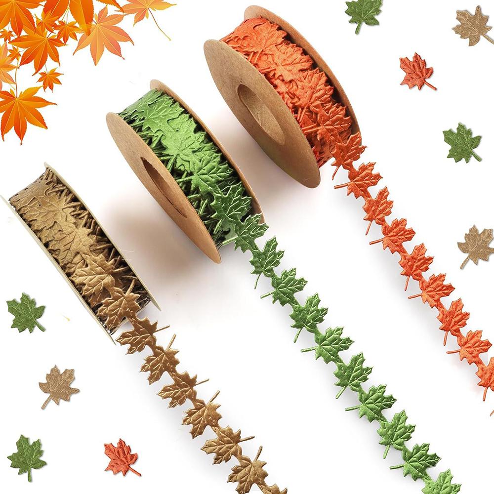 3 Rolls 15 Yards Fall Ribbons Leaf Shape Craft Ribbons Trim For Gift Wrapping