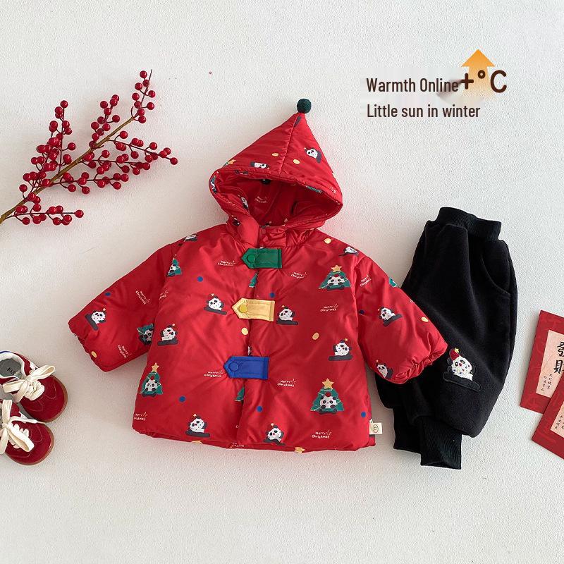 Зимний костюм для детей «Панда» 2025: Рождественский хлопковый пальто и куртка с цветовыми блоками для мальчиков