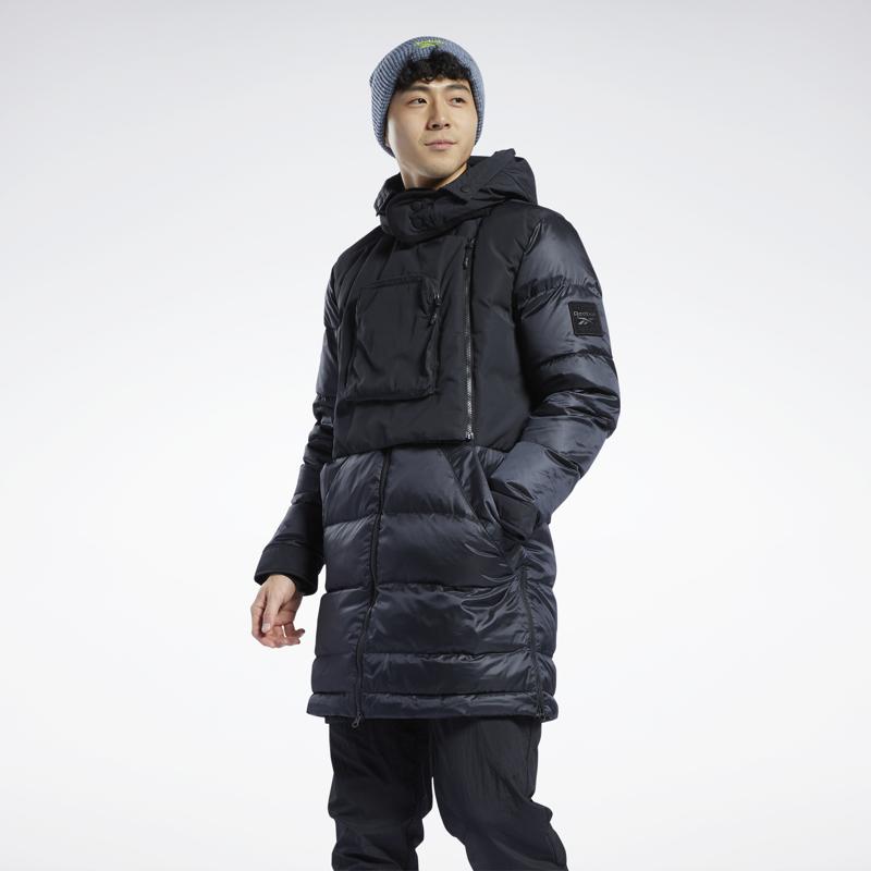 Reebok Однотонная длинная повседневная теплая куртка-пуховик с капюшоном для мужчин, верхняя одежда, черный цвет GU5756