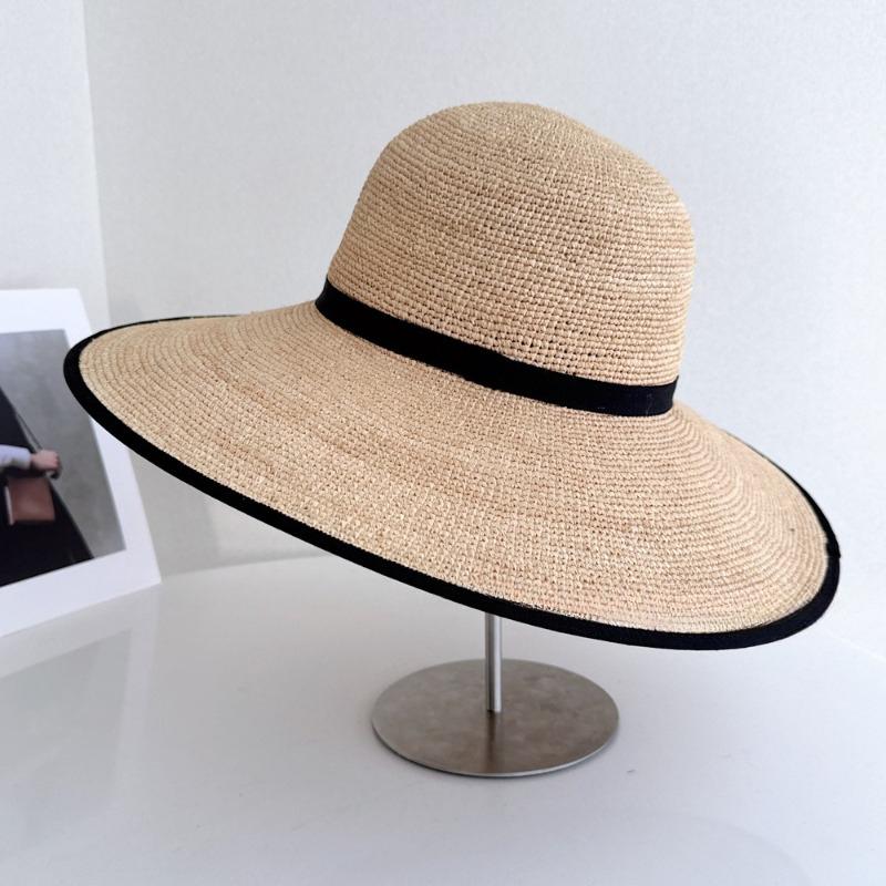 French Oversized Brimmed Hand Knitted Raffia Sun Hat Women Seaside Travel Sun Hat Elegant French Hepburn Style Sombrero