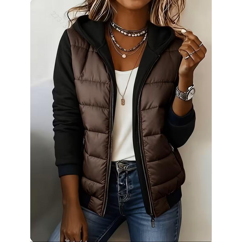 Womens Color Block Patchwork Fake Two-Piece Hooded Cotton Coat Zip Pocket Daily Commute Winter Outerwear