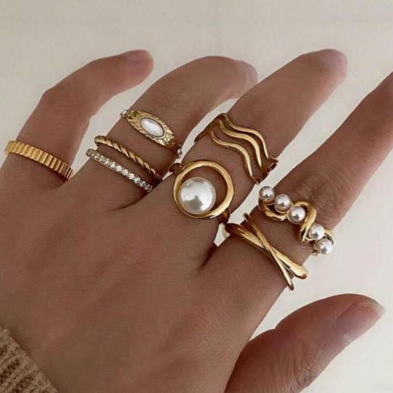 8Pcs/Set Gold Color Imitation Pearl Crystal Rings for Women Geometric Wave Cross Twisted Finger Ring Fashion Jewelry Accessories