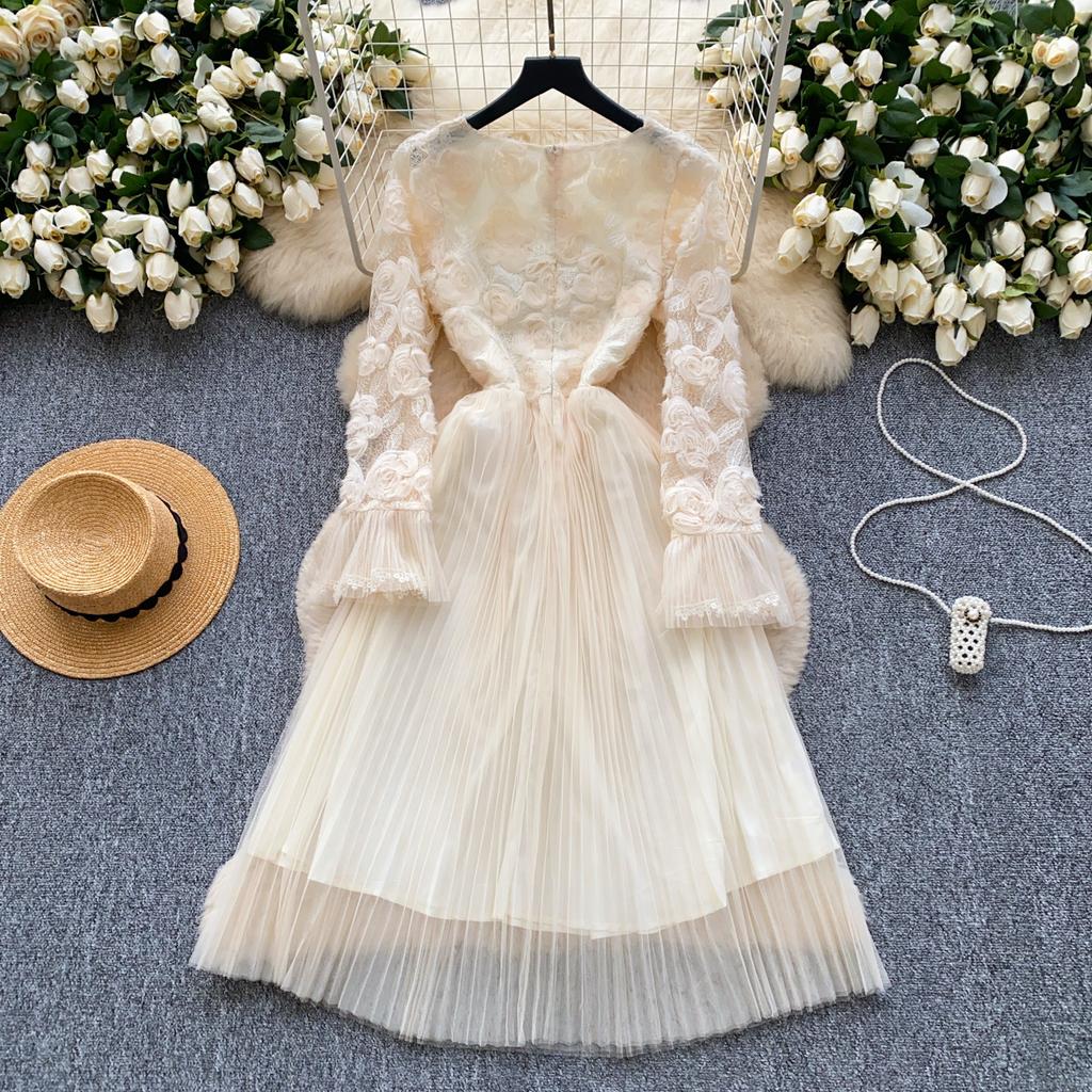 Весна Лето Женские Элегантные 3D Цветочные Расклешенные Рукава Принцесса Вечерние Сетчатые Плиссированные Платья