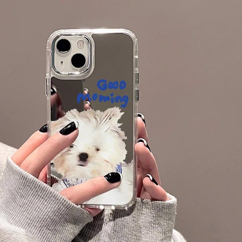 Cute Cartoon Animals Makeup Mirror Phone Case For iPhone 13 Case iPhone 12 11 15 14 Pro Max XR XS Max X Silicone Soft Back Cover