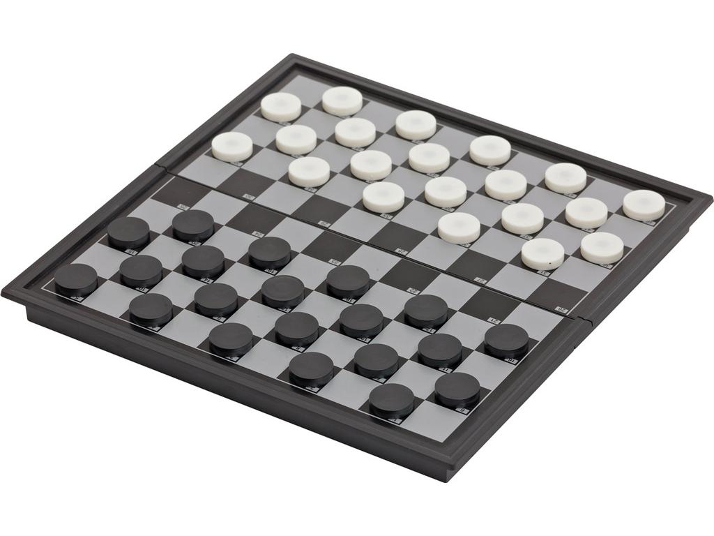 Magnetic Folding International Checkers & Chessboard: 100 Squares, Black & White, 64-Piece Set.