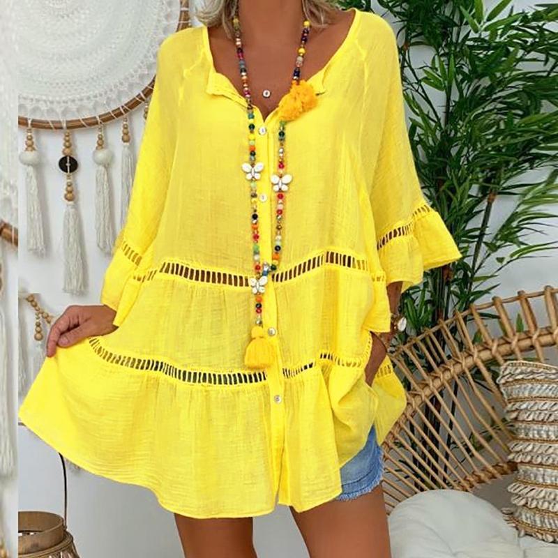 Women Flare Sleeve Cotton Shirt Oversized Hallow Out Loose Blouses Solid Color Yellow White Buttoned Ruffle Plus Size Tops