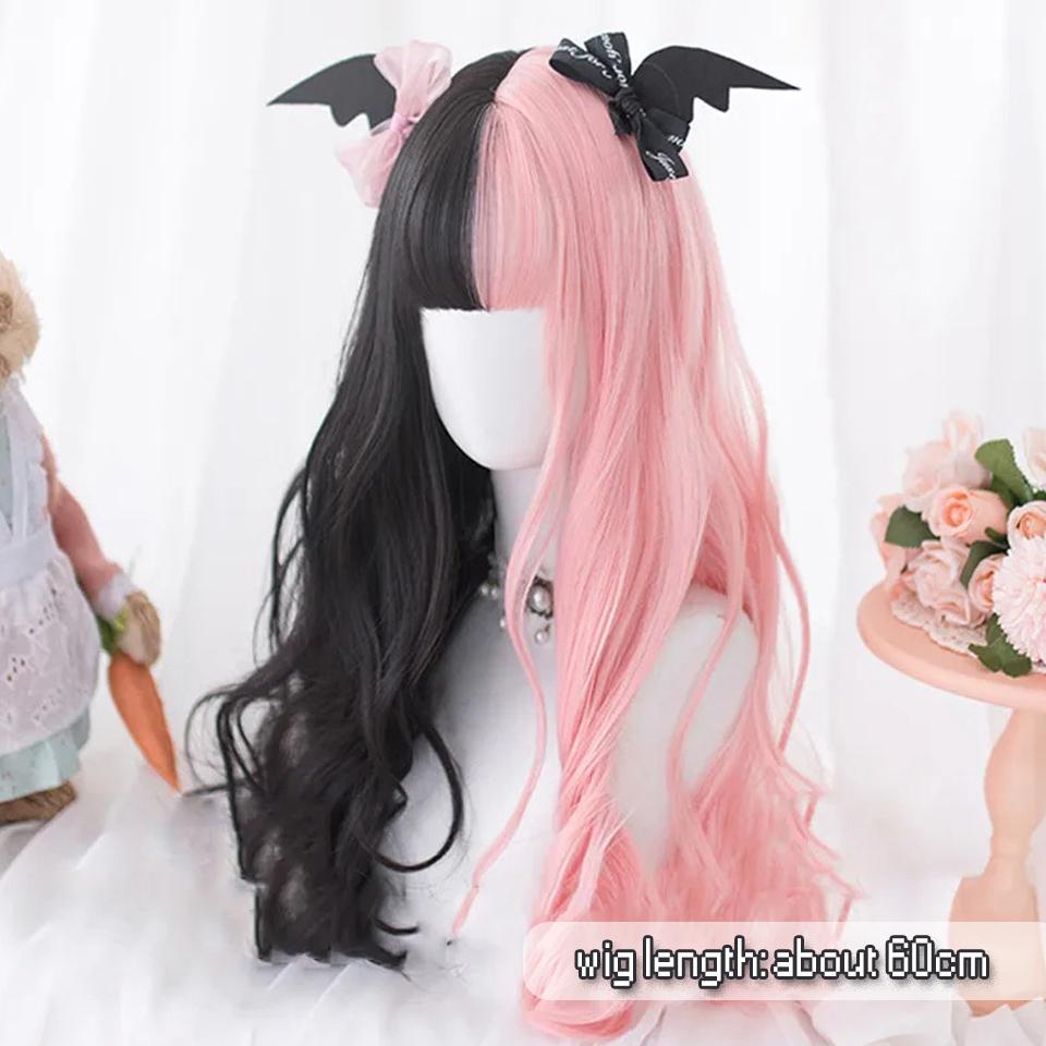 Парик Pink Spell Black Long Roll Synthetic, женский, милый, повседневный, в стиле Лолиты, с прямой челкой, черный, с пудровым оттенком, длинный, в рулоне