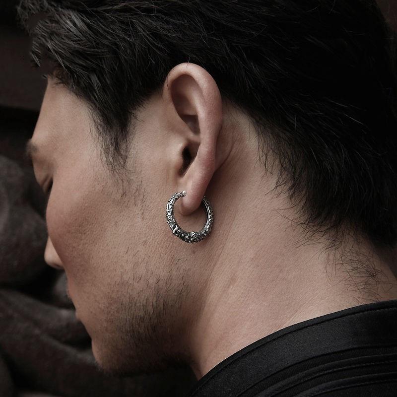 JMXD-Retro Divine Beast Taotie Silver Earrings Single Ear Buckle for Male and Female Couples