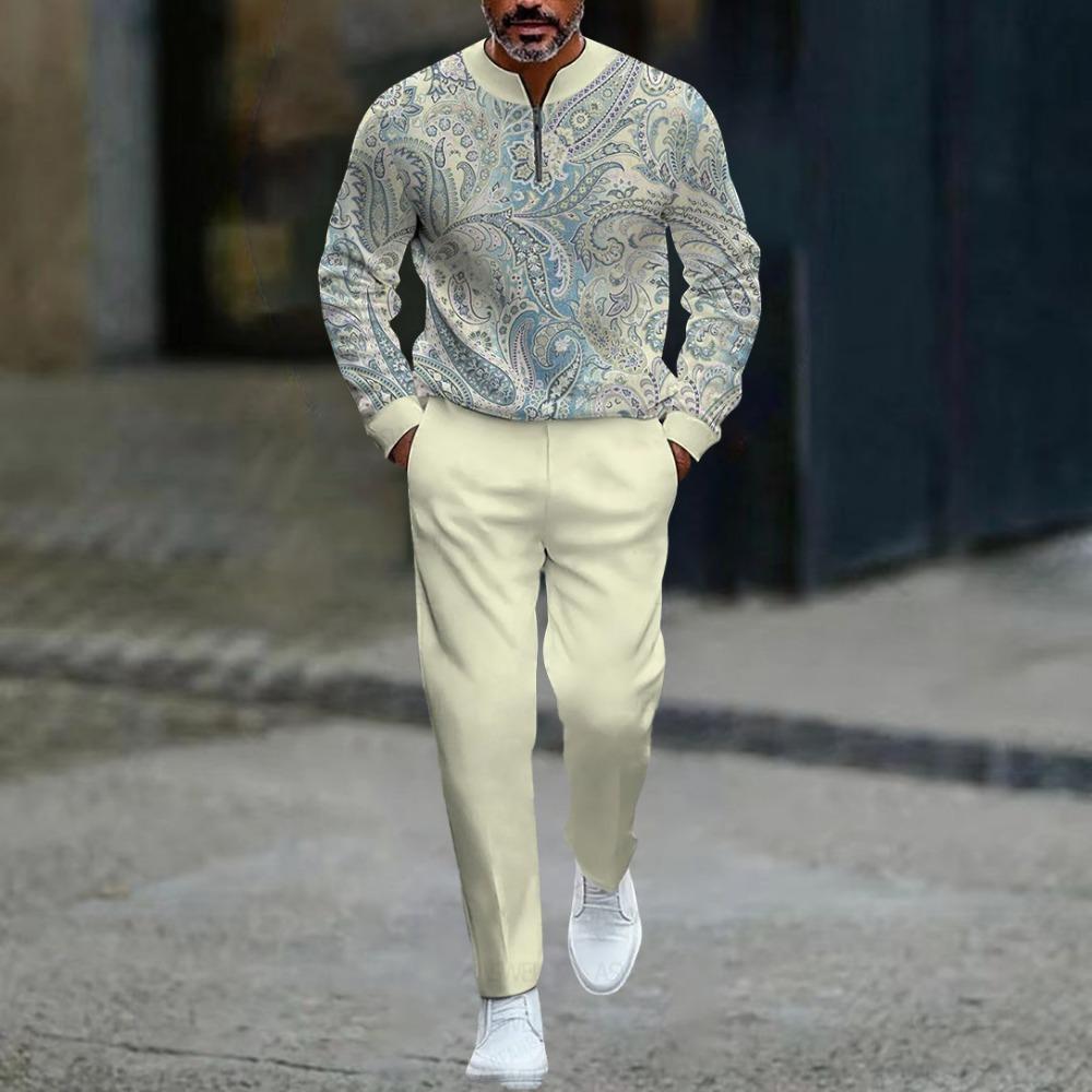 Весенне-осенние модные мужские комплекты с 3D-принтом, мужская повседневная спортивная одежда из двух предметов с воротником-стойкой на молнии