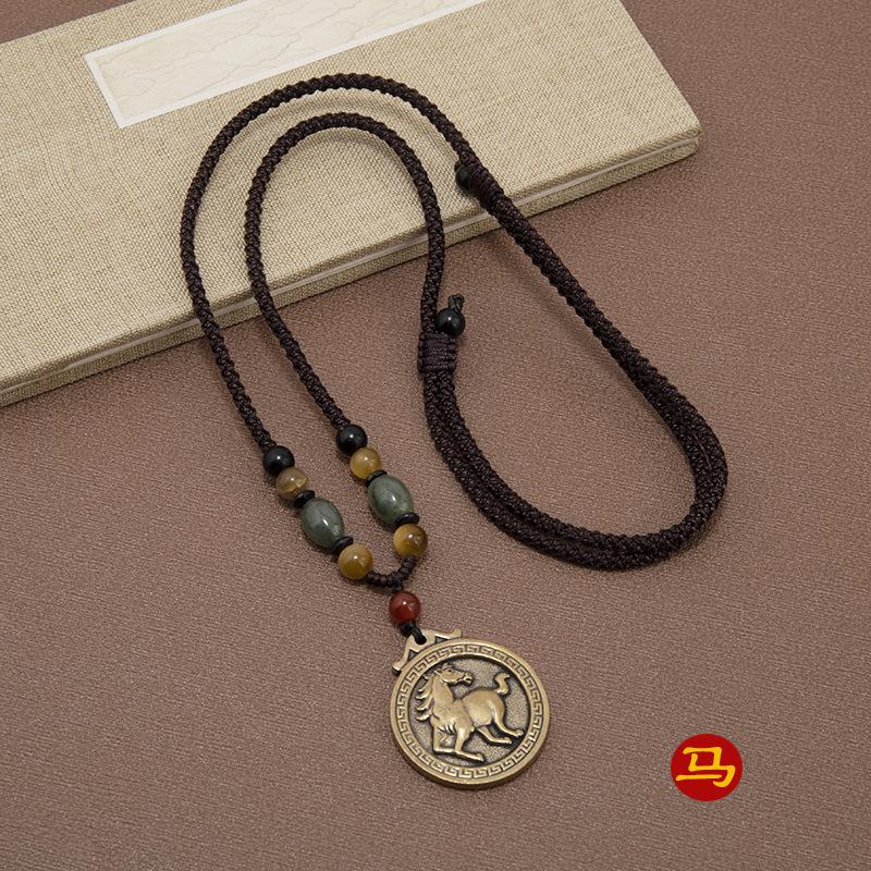 Латунное ожерелье в этническом стиле «Двенадцать знаков зодиака», ретро, универсальная длинная цепочка для свитера, мужской и женский кулон-подвеска года рождения