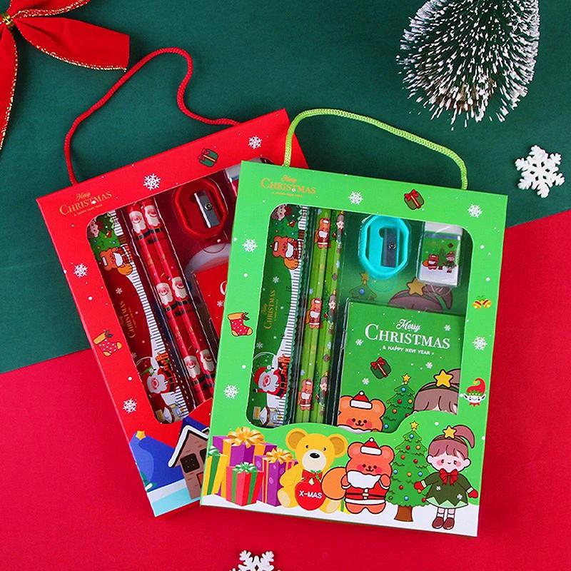 1Set Christmas Stationery Set Kids Cartoon Pencils Eraser Ruler Memo Pads Pencil Knife Set School Supplies Back To School Gift