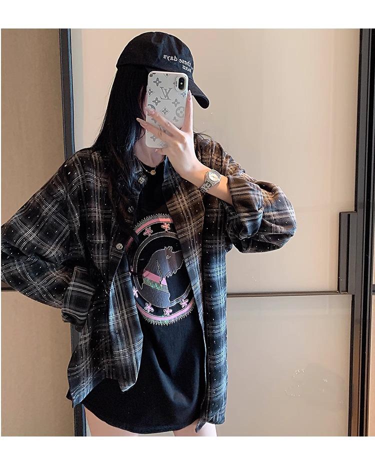 Клетчатая рубашка, украшенная стразами: Женский модный свободный кардиган с длинным рукавом для весны и осени.