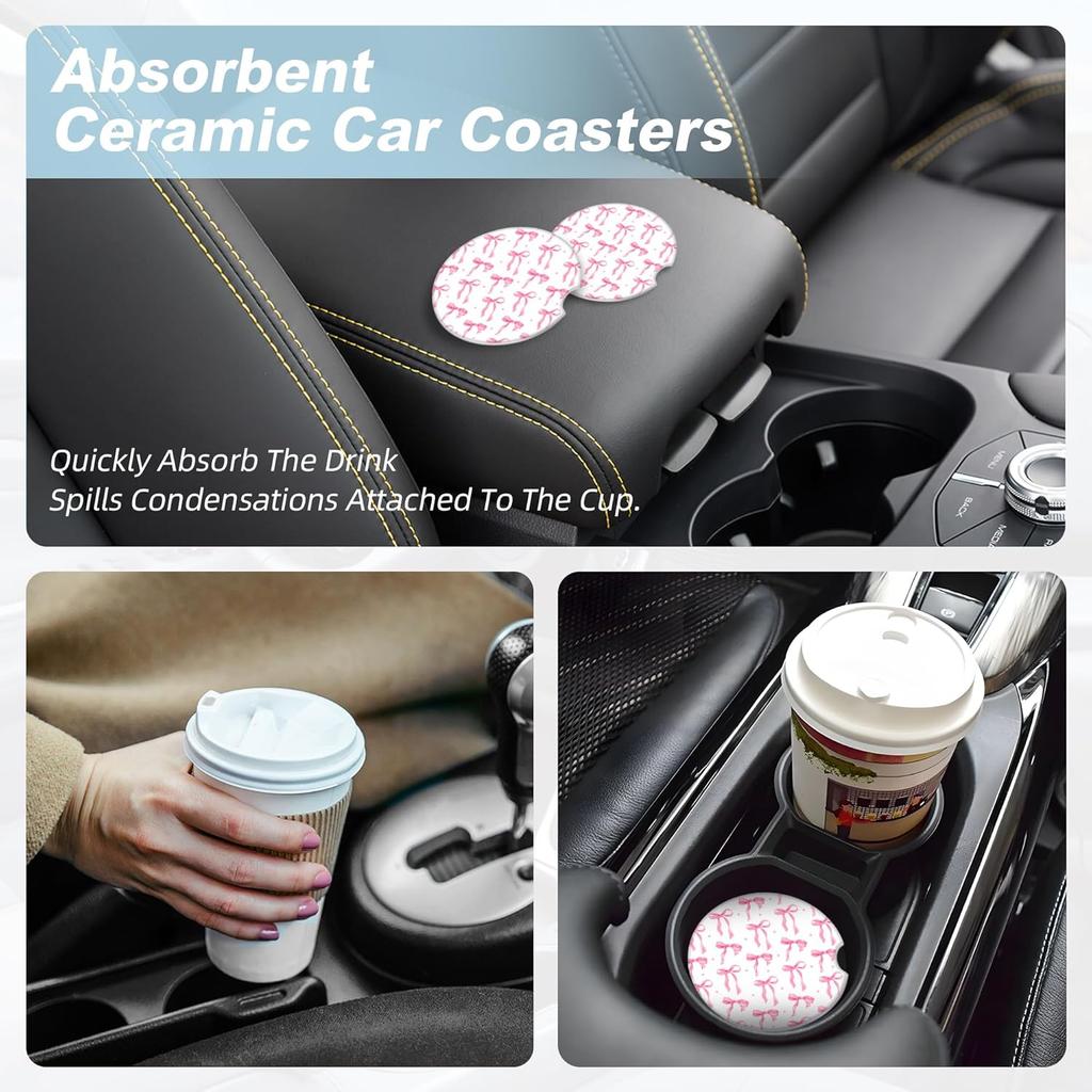 Pink Bow Car Coasters for Cup Holders,2 Pack Car Cup Holder Coasters for Car,Ceramic Absorbent Car Coaster with A Finger Notch and Cork Base,Car