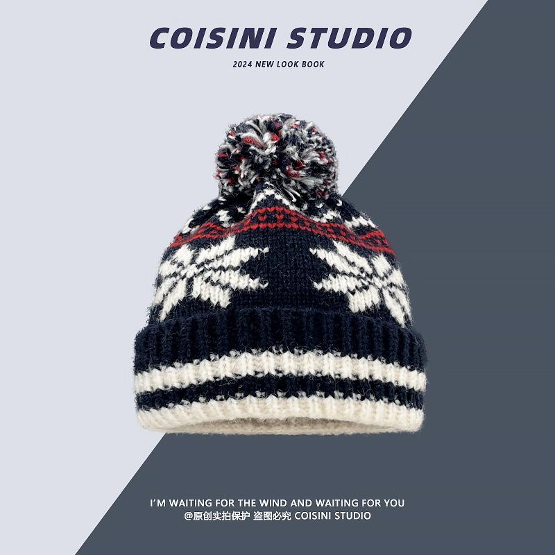 Корейская версия ретро шапки из вязаной шерсти в стиле Фэр-Айл для пары, утолщенная теплая рождественская шапка-пуловер в полоску со снежинками