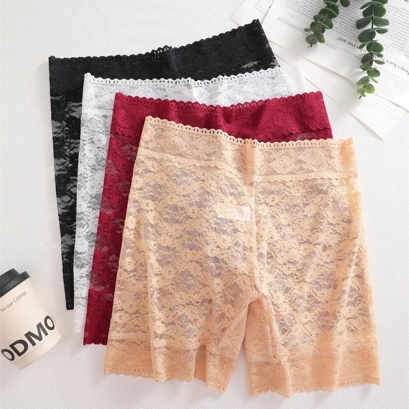 S-XXL Lace High Waist Boyshort Underwear Women's Sexy Hollow Out Solid Color Lingerie Transparent Stretchy Boxer Panties