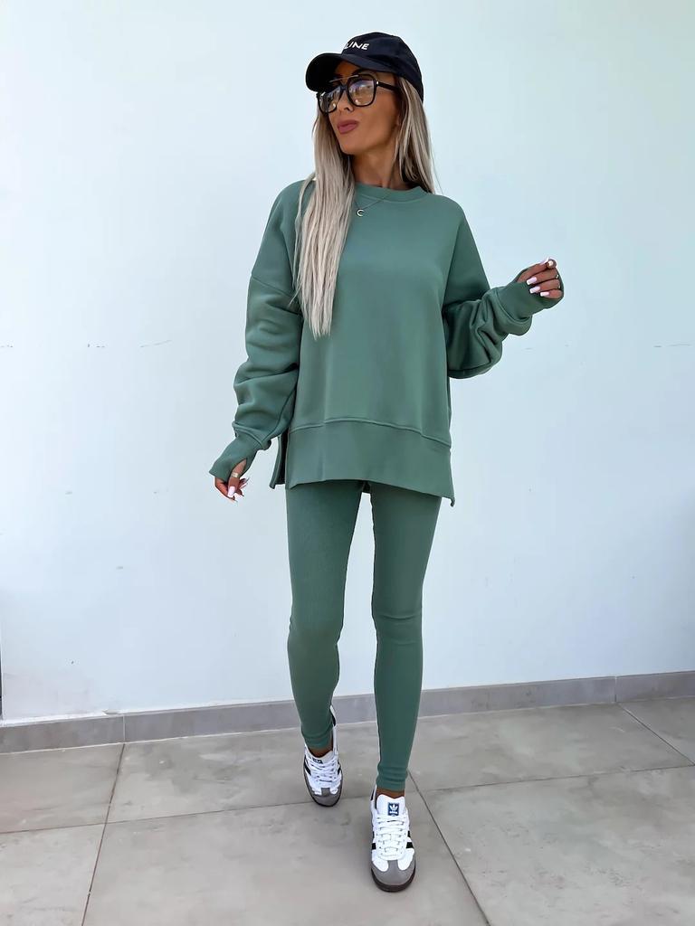 New spring sweater suit women's European and American casual loose long-sleeved round neck split top tight trousers