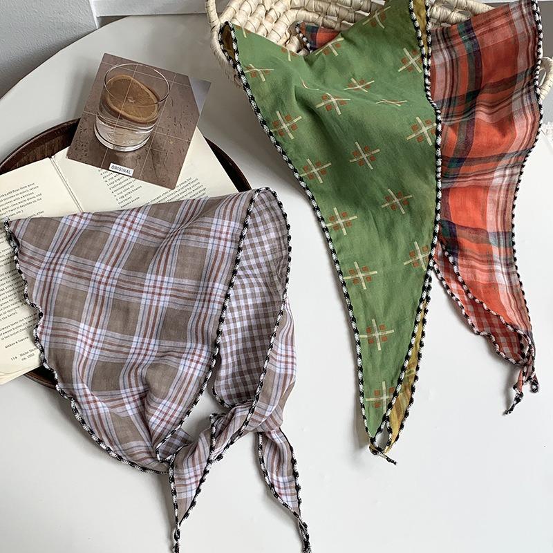 Headscarf Women's Idyllic Summer New Clear Plaid Triangle Scarf Scarf Women's Knitted Headband Silk Scarf