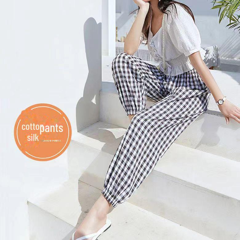 Women's Summer Cotton Silk Anti-Mosquito Loose Beach Bloomers Pajama Pants