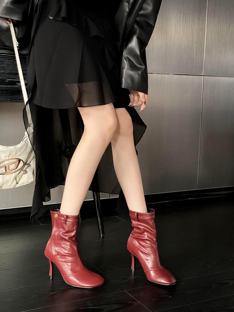 Fashion Round Toe Women Ankle Boots Thin High Heels 2024 New Arrivals Black White Brown Wine Red Belt Buckle Stiletto Fashion Pumps Shoe
