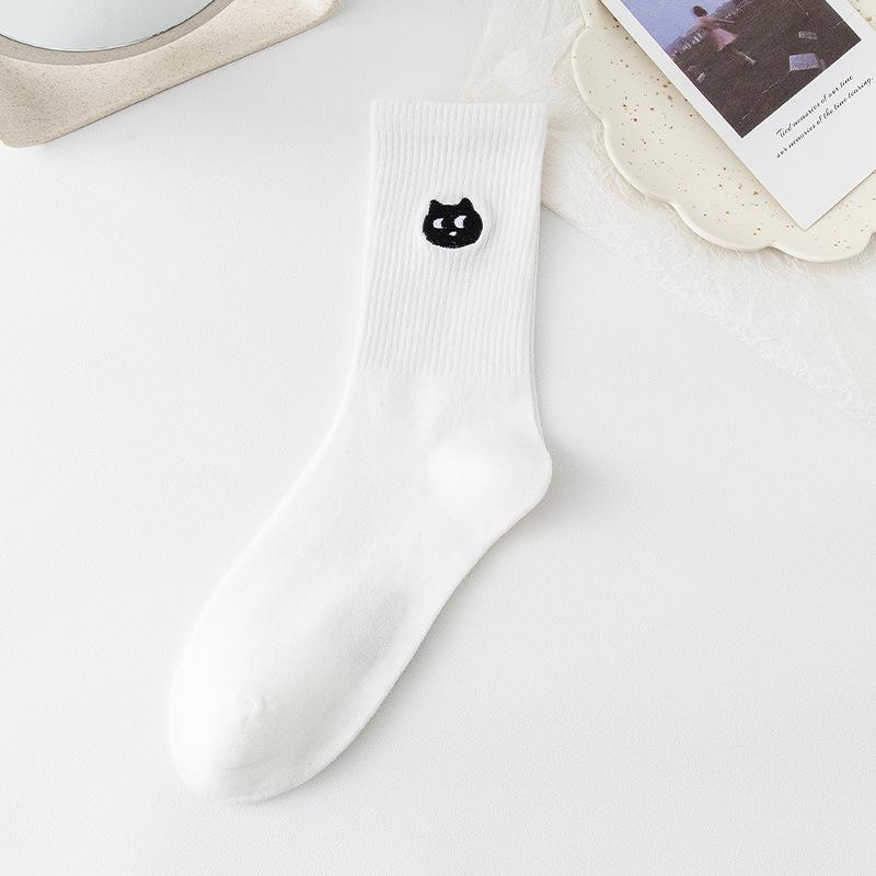 Women's Mid-Tube Cotton Socks - Black & White Japanese Embroidered Design for Autumn/Winter