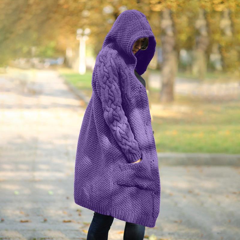 Women Winter Fashion Long Sleeve Solid Color Knitted Hooded Sweater Cardigan Open Front Long Cardigan