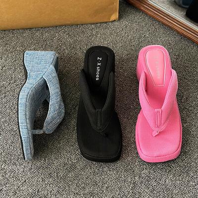 Мода Мода Квадратный носок Клипса Платформа Сандалии Женщина Шик Деним Клиновидные Шлепанцы Дамы Летний Уличный Стиль Толстый Высокий Каблук Шлепанцы