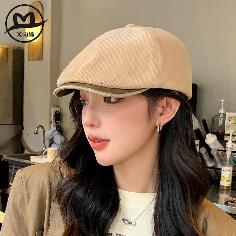 Autumn and winter retro corduroy + leather brim forward hat, newsboy hat fashion men's and women's caps show face small beret