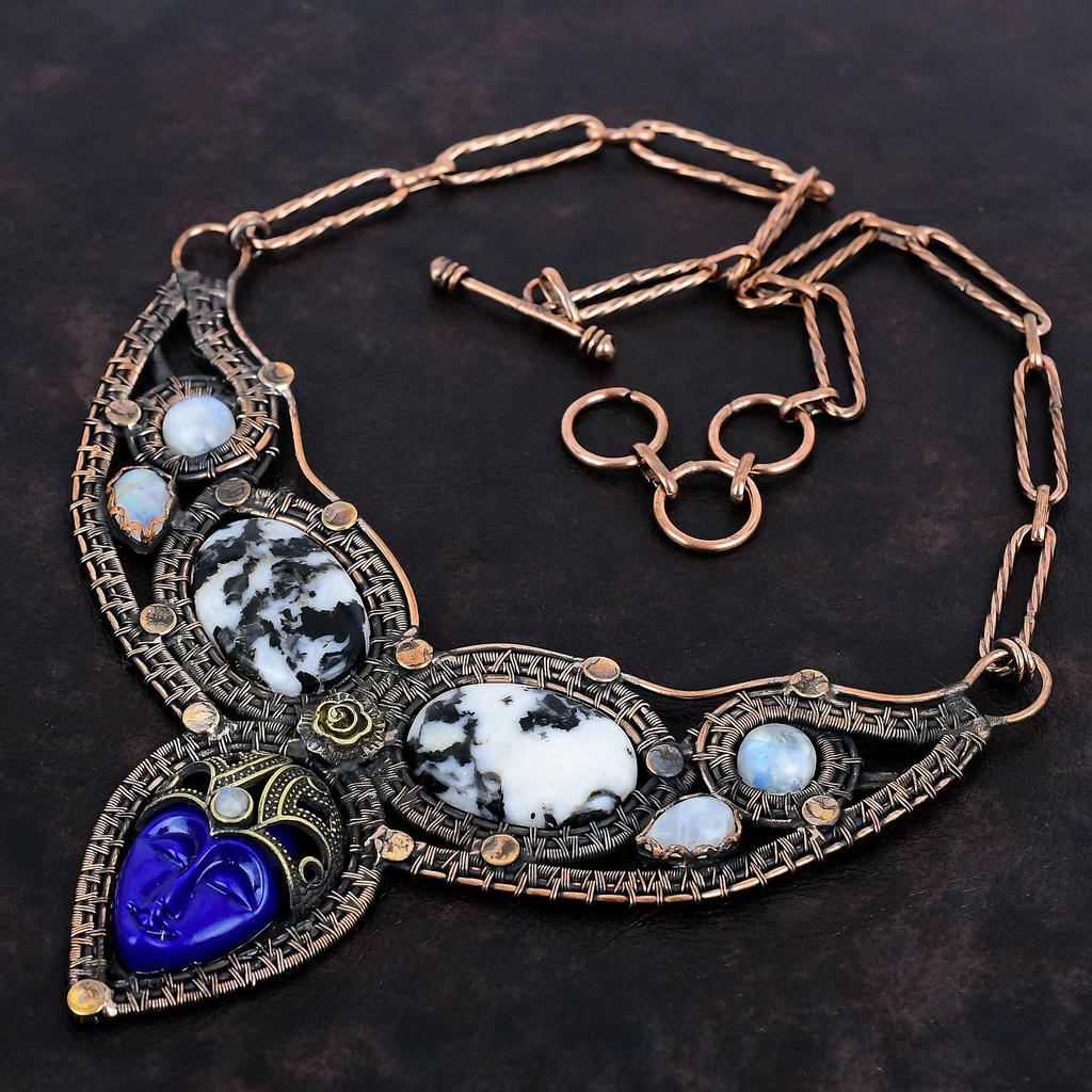 Blue Carved Bone Face Necklace Copper Wire Wrapped Gemstone Jewelry Adjustable Chain Necklace White Buffalo Turquoise And Moonstone Necklace