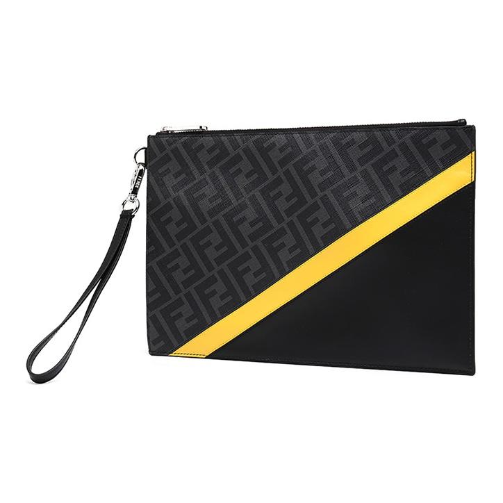 Fendi Монограмма Логотип Узор FF Цветовые блоки Полосатый Покрытый Браслет-кошелек Холст и Кожа Клатч Мужской клатч Черный Серый Желтый 7N0110-A9XS-F0R2A