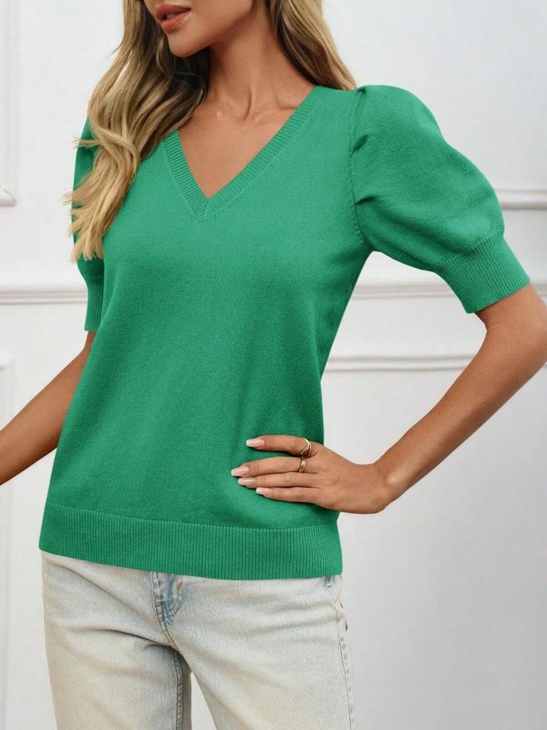 Women's Puff Sleeve Knit Top Short Sleeve Casual Spring Summer Pullover Blouse