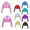 Kids Girls Glossy Metallic Long Sleeves Cutout Back Mock Neck Crop Tops for Dancing Stage Performance