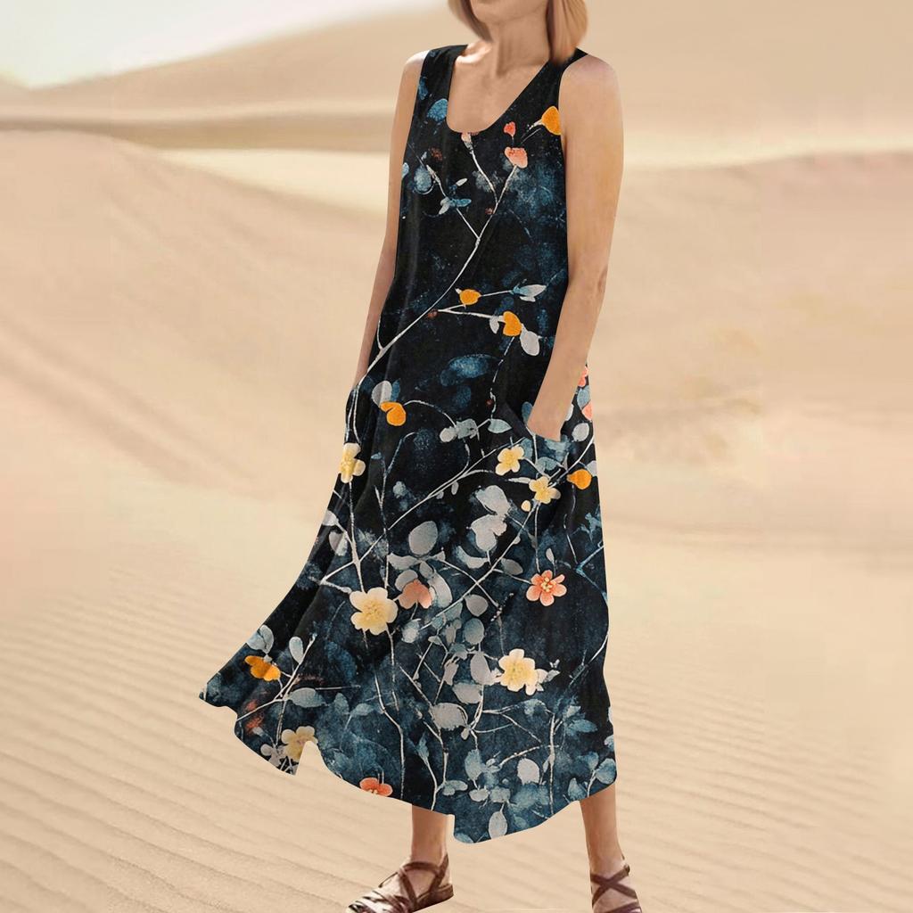 Женское летнее повседневное модное платье без рукавов с круглым вырезом и карманом с цветочным принтом