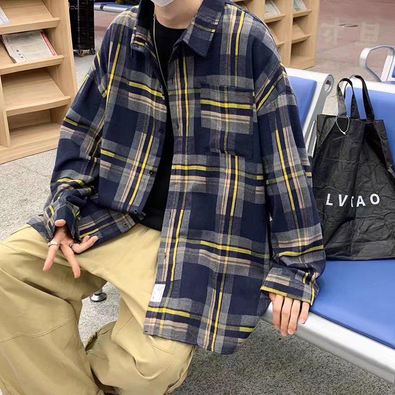 Корейская студенческая трендовая клетчатая рубашка свободного кроя: Унисекс куртка с длинным рукавом в гонконгском стиле