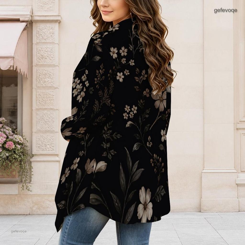 Women Plus Size Open Front Long Sleeve Draped Collar Floral Printed Black Curved Hem Cardigan