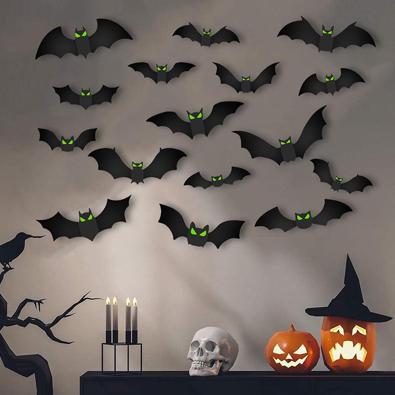 96 шт. Наклейки летучих мышей 3D Хэллоуин украшения летучих мышей светящиеся глаза летучие мыши 96 шт. страшные летучие мыши настенные украшения для ванной комнаты кухни дома