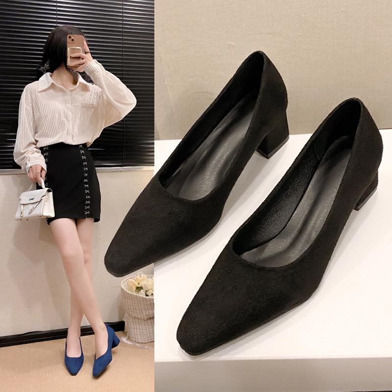2025 spring and autumn new Korean version pointed head light mouth suede single shoes thick heel high heels middle heel versatile work shoes women