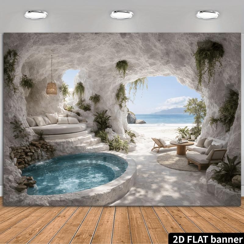 2D flat white cave-themed seascape backdrop suitable for living rooms bedrooms live streaming studios and guesthouse
