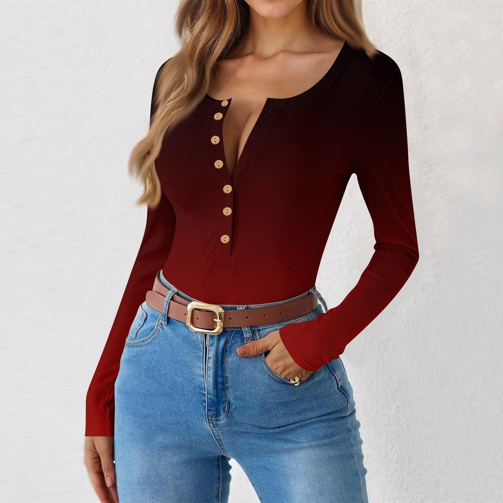 Женская и зимняя футболка с тонким низом, модная повседневная футболка с градиентным принтом и круглым вырезом, пуловер с длинным рукавом