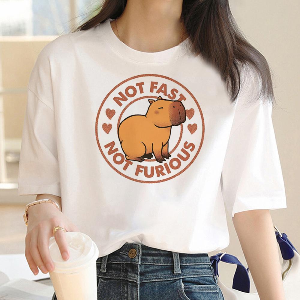 Capybara T Shirt Women Print Summer White Top Cotton T-shirt Graphic Tees Women Vintage Streetwear 90s Plus Size Tshirt Female