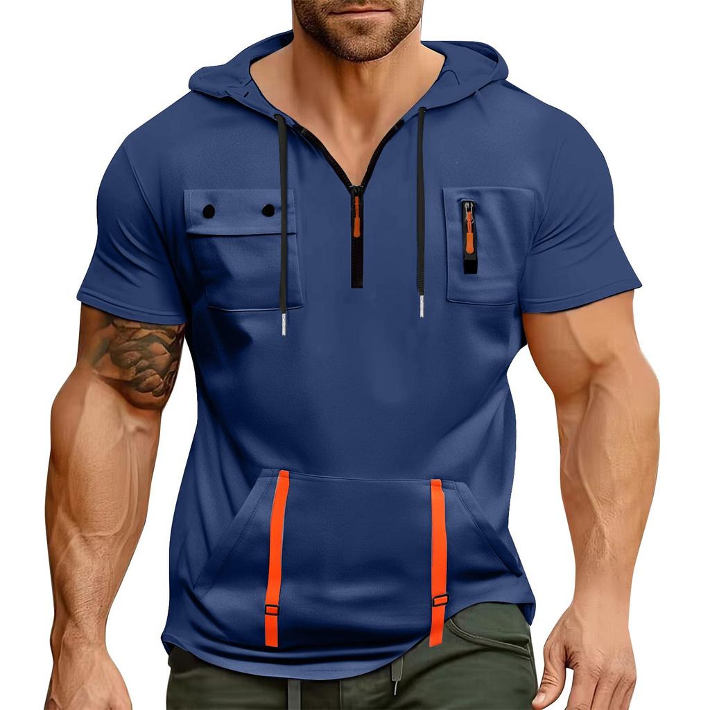 Men's Summer Shirt Zipper Pocket Short Sleeve Hooded Sweatshirt Men's Sports Large Size Casual Sweatshirt