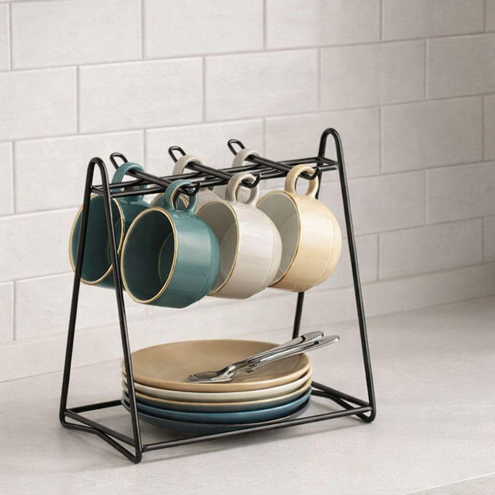 Sturdy Iron Vertical Coffee Cup Rack 6 Cups Hanging Cup Plate Rack Space Saving Vertical Mug Holder Kitchen