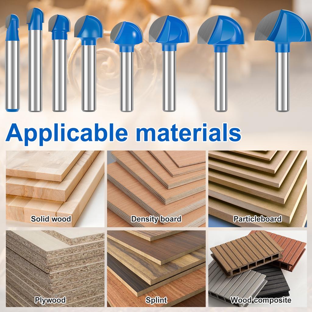 8pcs Cove Box Cemented Carbide Router Bit  1/4" Shank Round Nose for Woodworking, MDF and Plywood Half Round Groove Router Bit