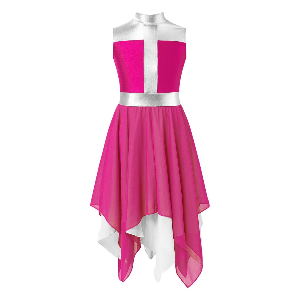 Girls Worship Dance Dress Sleeveless Chiffon Hem Contrast Design Cross Print Praise Lyrical Performance Costume