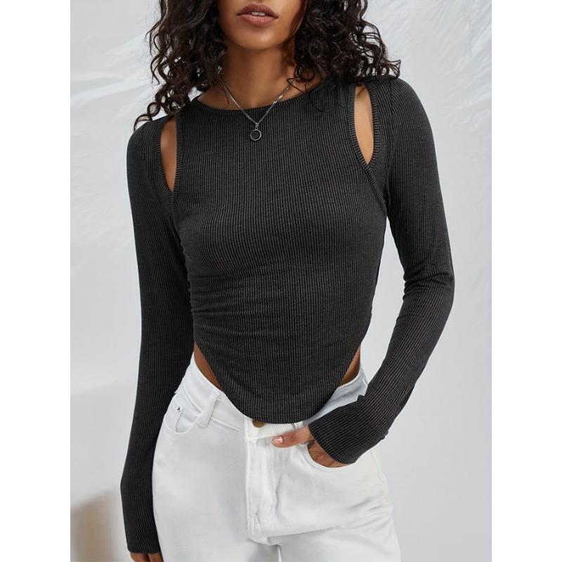 Весна и осень женский полый нерегулярный круглый вырез вязаный сексуальный модный топ с длинными рукавами