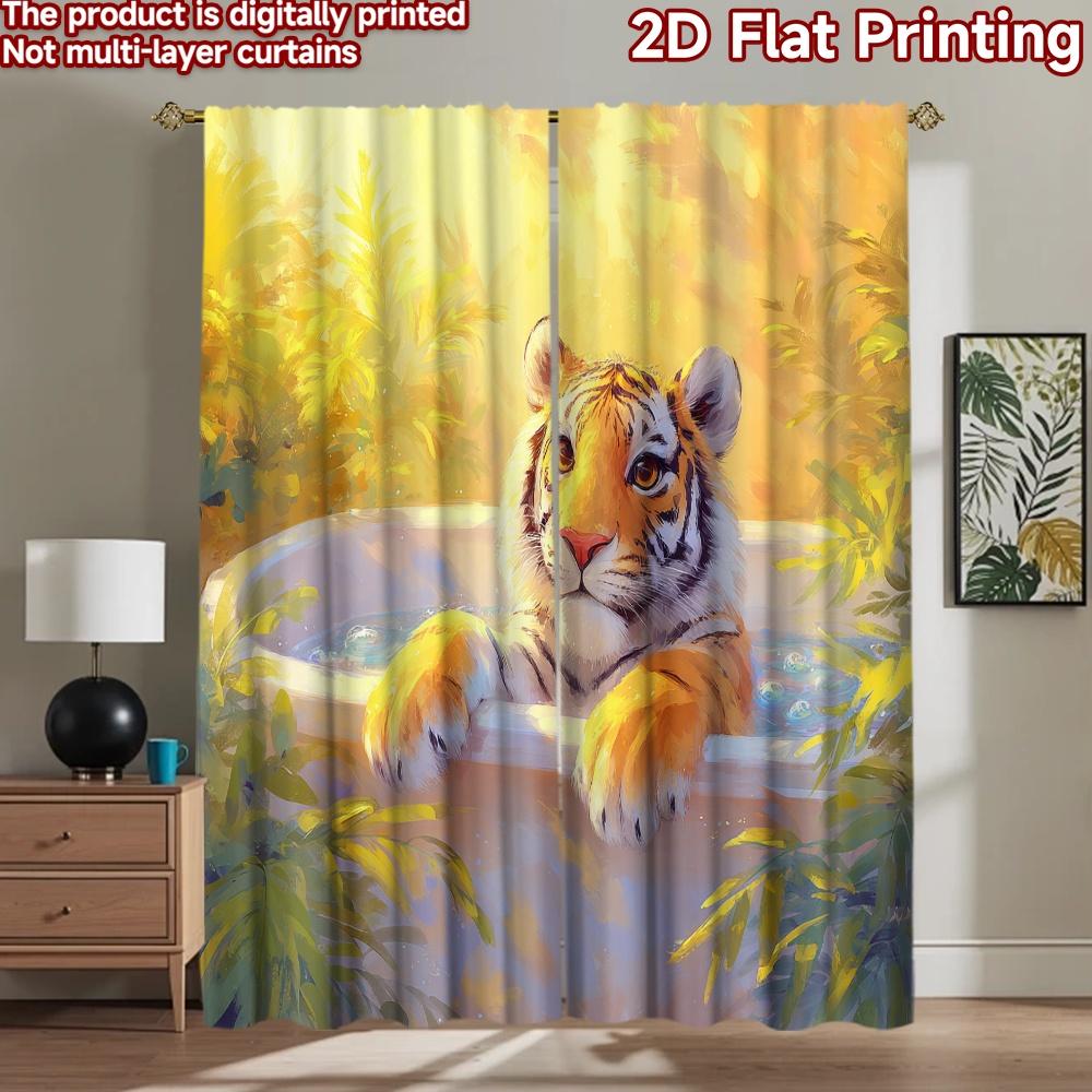 2D flat printing 2pcs Window Curtains Cute Tiger Bathing Digital Printed Polyester Drapes Party Decorations for Indoor Outdoor