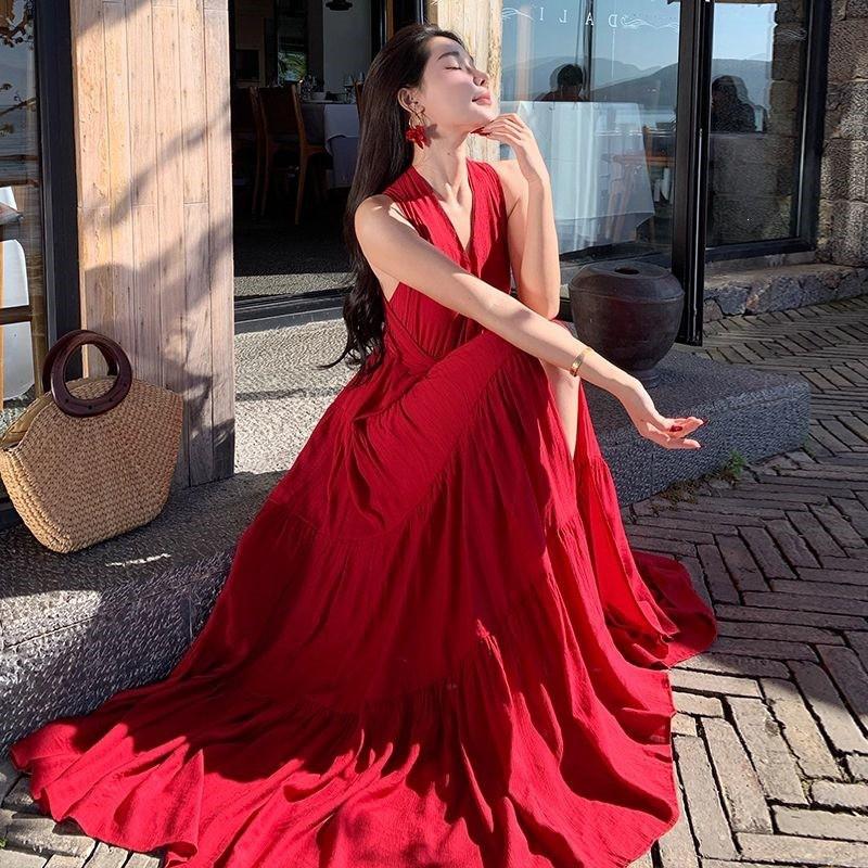 Seaside Desert Vacation Red Hanging Neck Dress Female Sanya Travel Wear Photo Sexy Backless Split Skirt